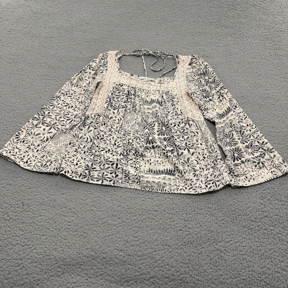 Moa Moa Blouse Womens Medium Boho Crochet Lace Bell Sleeve Tie Back Cream